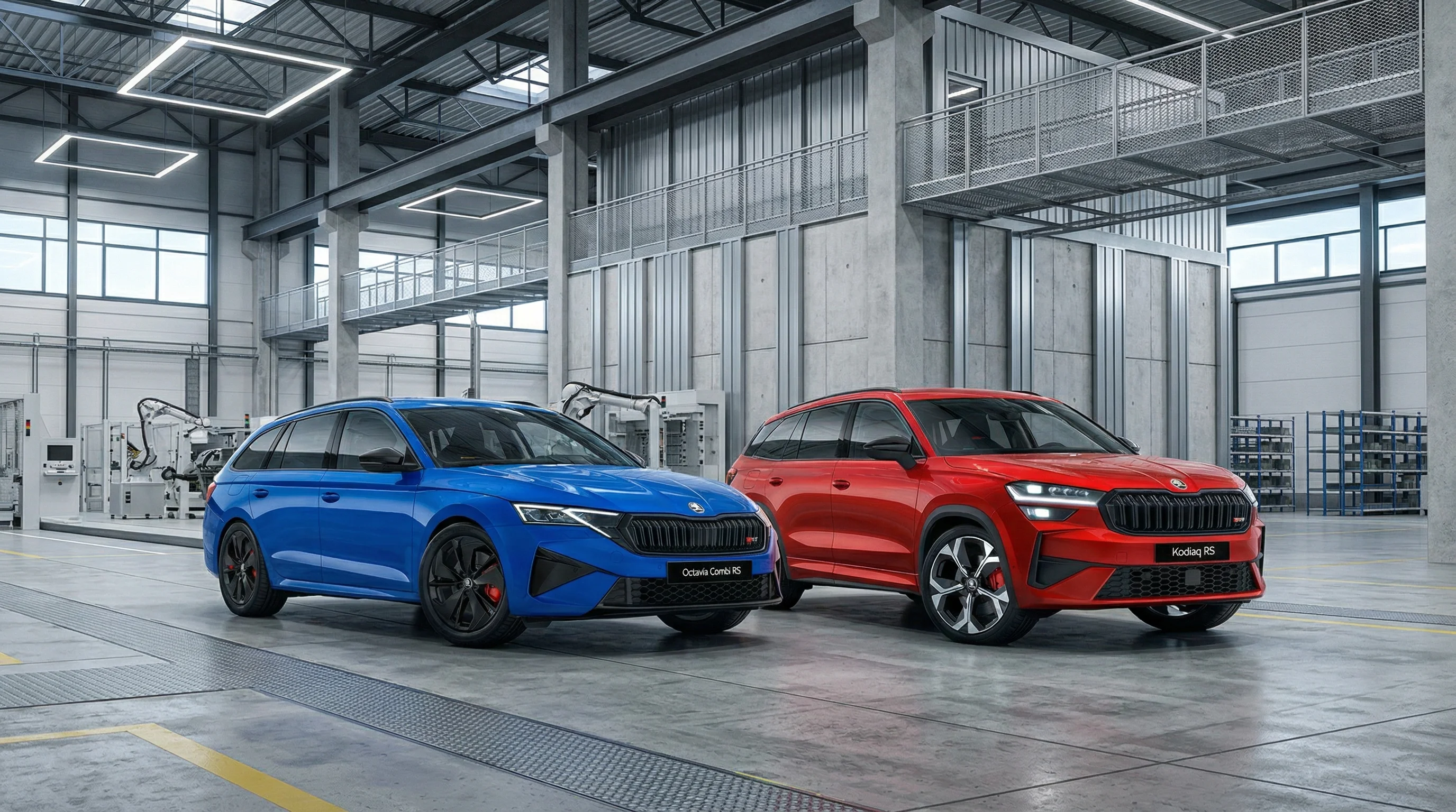 Zwei Fahrzeuge der Marke Škoda in einer Produktionshalle