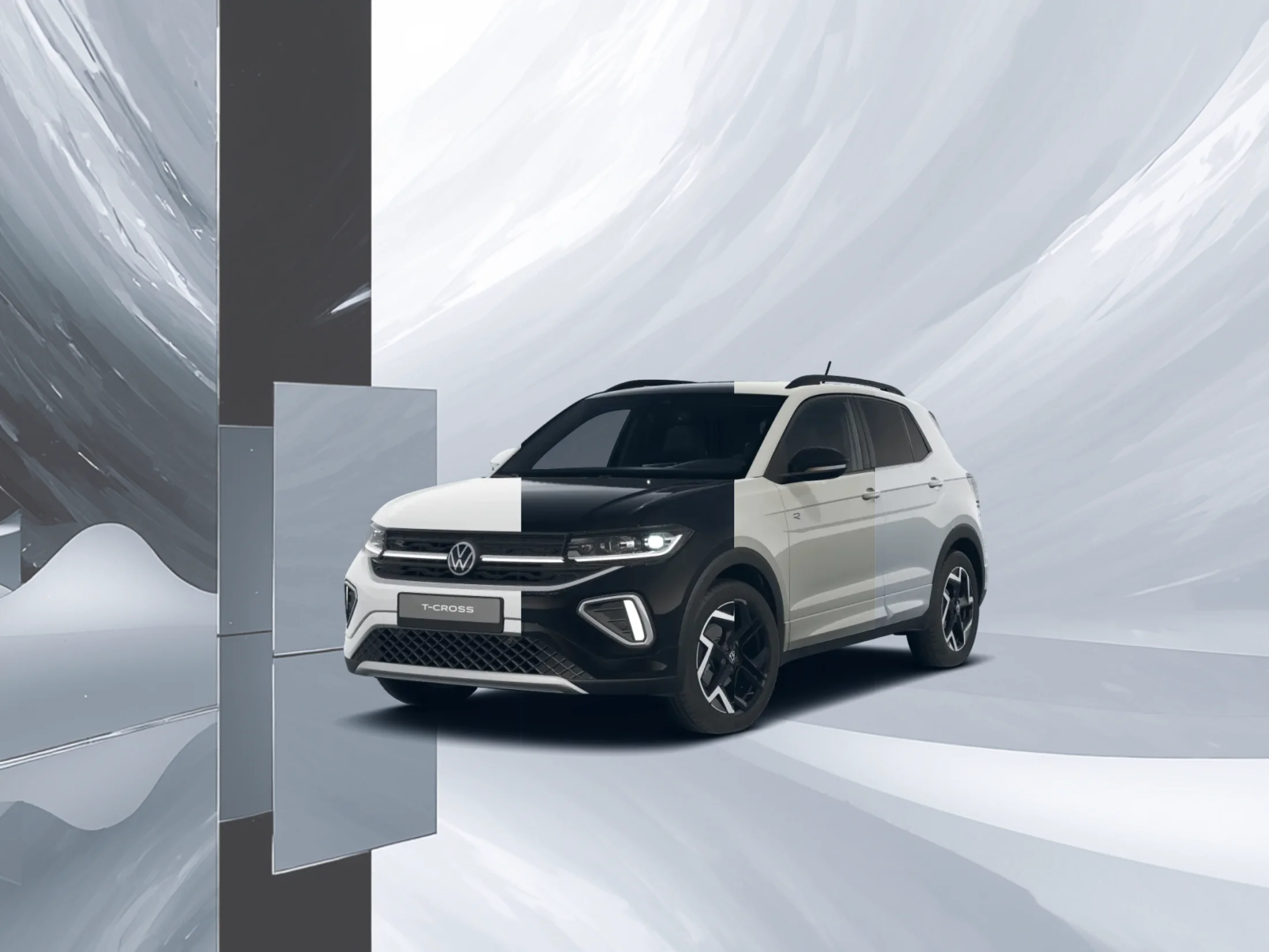 T-Cross in vier verschiedenen Lackierungen vor abstraktem Studio Hintergrund