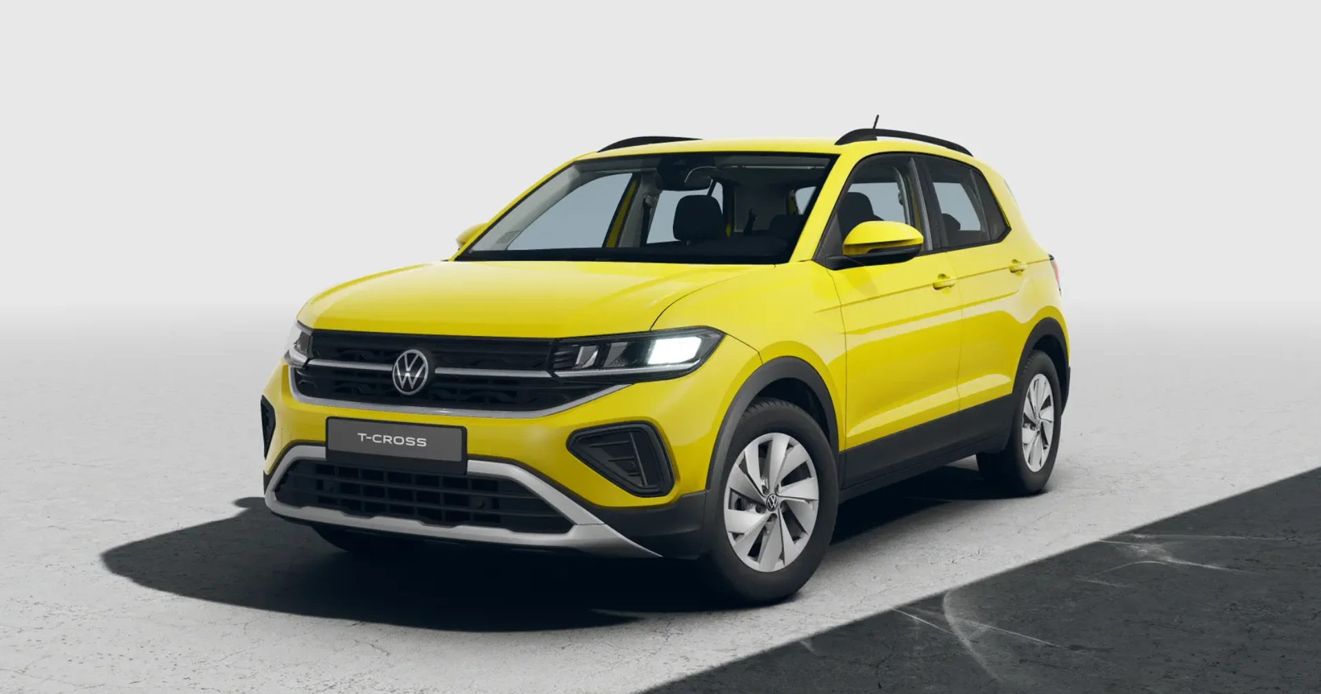 Gelber T-Cross Life in seitlicher Frontansicht