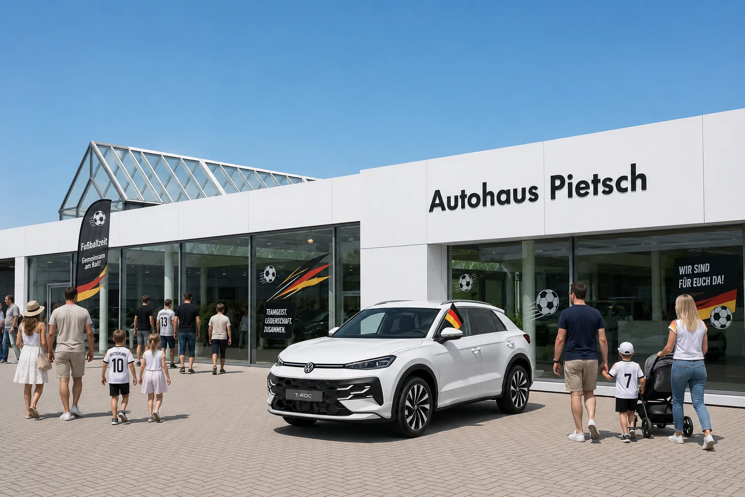 Weißer T-Roc vor Autoohaus im Fußballfieber