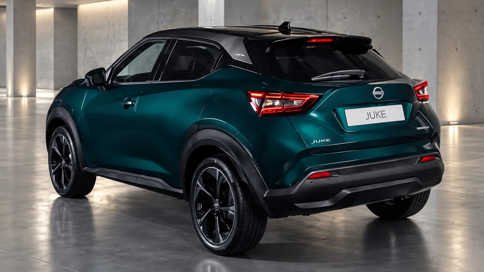 Tealfarbener Nissan Juke im Beton-Showroom.png Dieses Bild wurde mit KI generiert oder bearbeitet