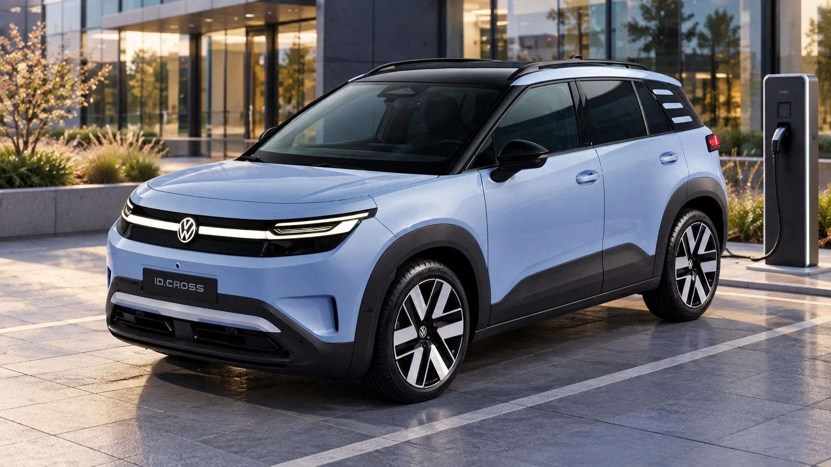 Volkswagen ID. Cross vor modernem Bürogebäude.png Dieses Bild wurde mit KI generiert oder bearbeitet