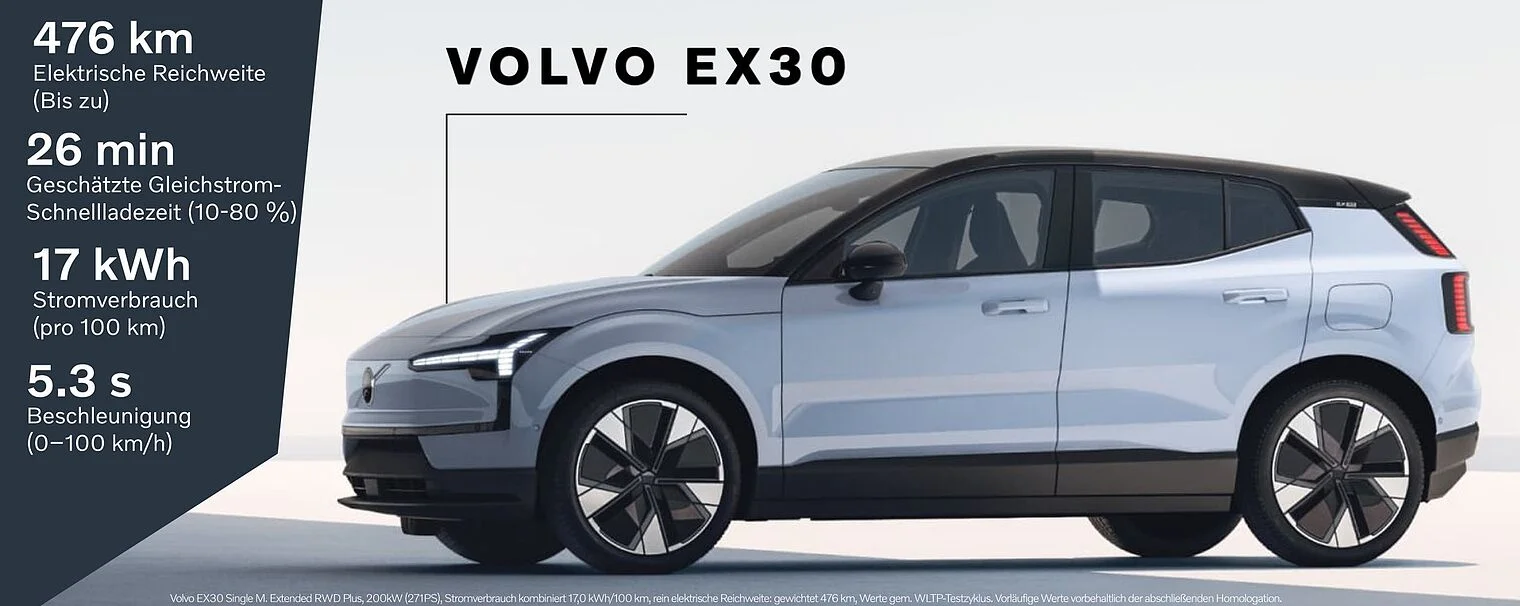 volvo_ex_30_ in Silberblau stehend vor einer glatten, weißen Fläche Foto von links