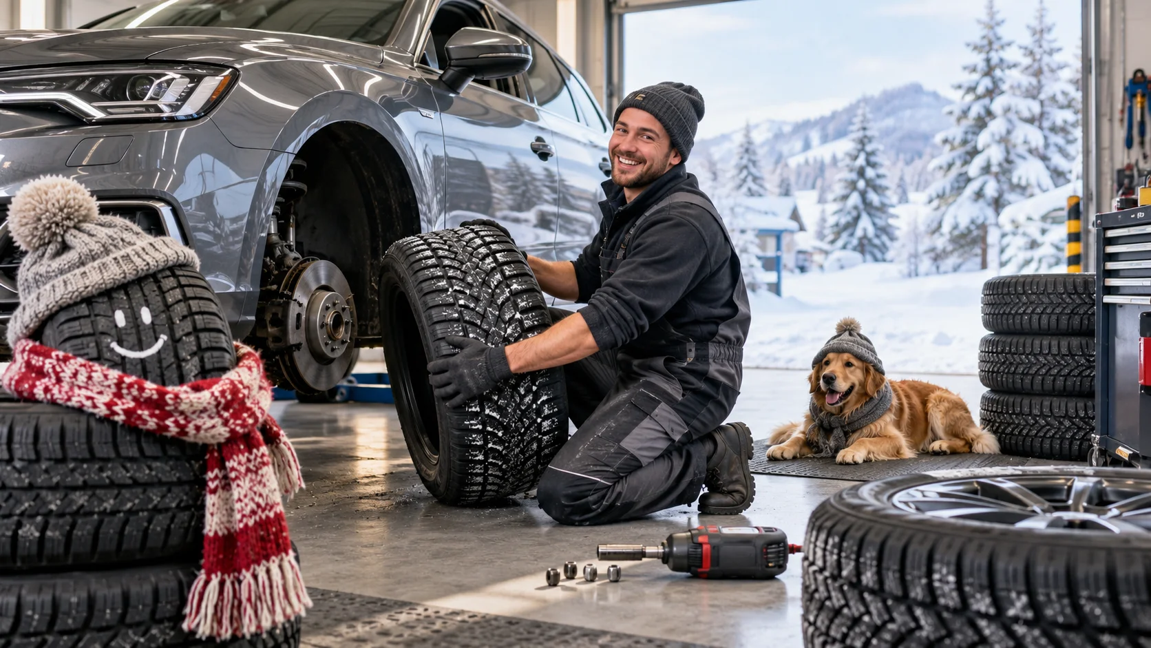 Winterreifenwechsel mit tierischem Charme.png Dieses Bild wurde mit KI generiert oder bearbeitet