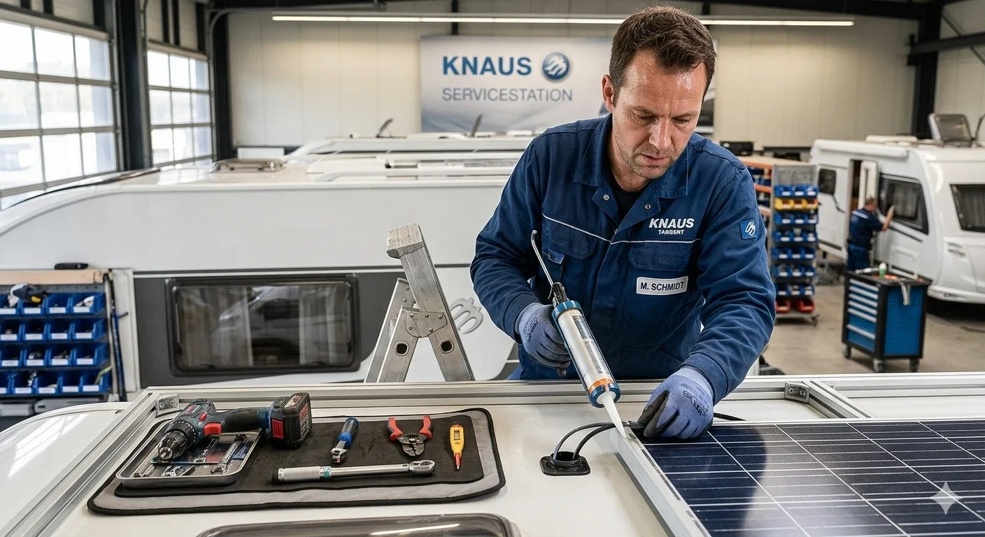Einbau einer Solaranlage auf einem Wohnmobil: Techniker installiert Solarpanel auf dem Dach eines Wohnwagens in der Caravan-Werkstatt.